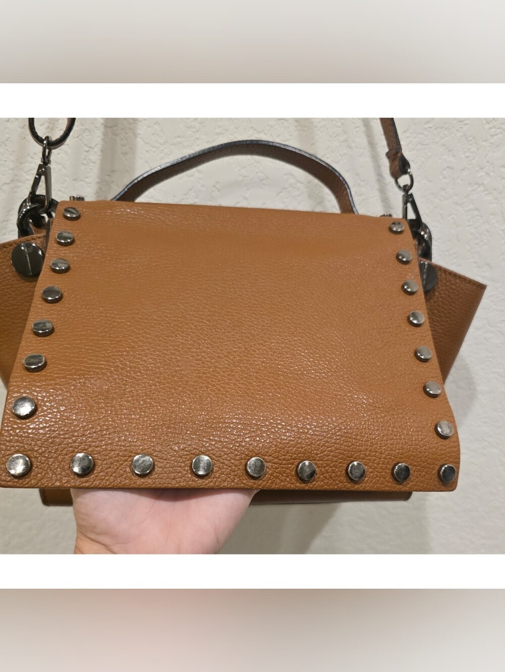 Carla Ferreri Italian Leather Satchel Handbag Brown Studded Crossbody Bag